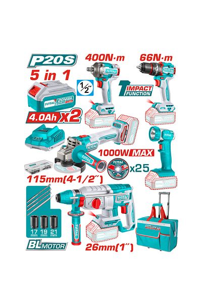 TOTAL Total 20v 5-in-1 Battery Tool Kit with Trolley Bag Tckli20592