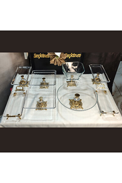 SEÇKİNEV Huge 8 Parça Ayaklı ve Kulplu Masa Sunum Tabağı Set GOLD&GÜMÜŞ