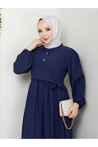 TOKARİS TEKSTİL Women's Front Closure Buttoned Shirt Collar Savior Hijab Strawberry Dress