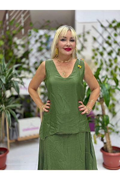 Punta Otantik Ls79772 Italian Sleeveless Back Tie Silk Blouse Khaki