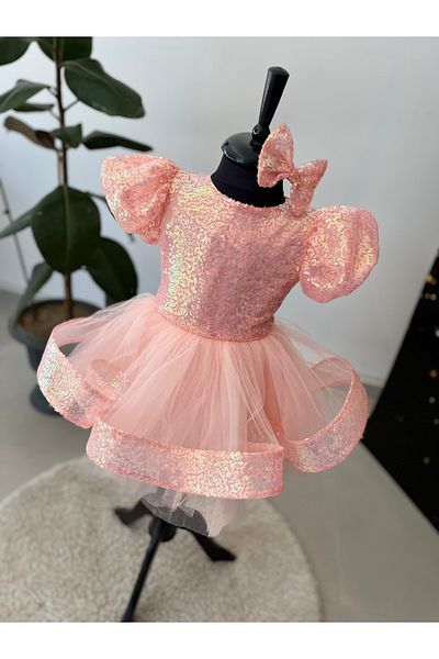 İkrabutikbursa Pink Girl's Evening Dress – Sequined, Puffy, Balloon Sleeves, Stylish Design for Special Occasions