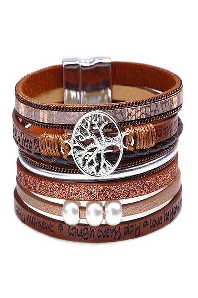 JustZEN Set 6 Bracelets with Multiple Layers, JustZEN™, Tree of Life, Brown, 19 cm
