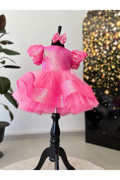 İkrabutikbursa Pink Girls' Evening Dress – Sequined, Puffy, Balloon Sleeves, Stylish Design for Special Occasions