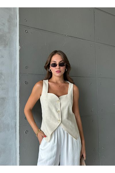 Melike Bakar Boutique Beige Linen Heart Collar Vest