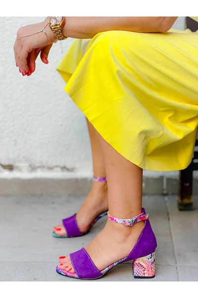 irmona Eliza Purple Suede and Snake Skin Detail Band Heel Shoes Sandals