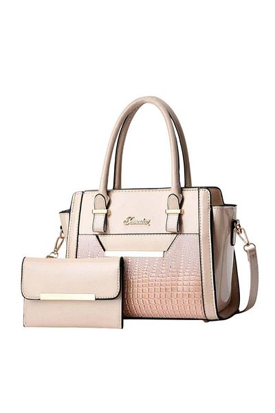 huitich Crocodile Pattern Leather Two-Piece Women's Messenger Bag Beige 27×13×21 cm