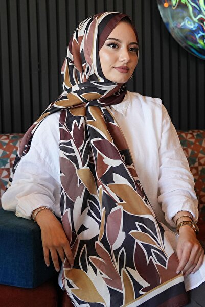 AFVENTE Μοτίβο φύλλων Καφέ μαλακό βαμβακερό σάλι