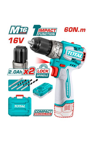 TOTAL 16V 60Nm Vibrating Cordless Drill with Plastic Bag, Extra Battery and Charger Total Tidli16682