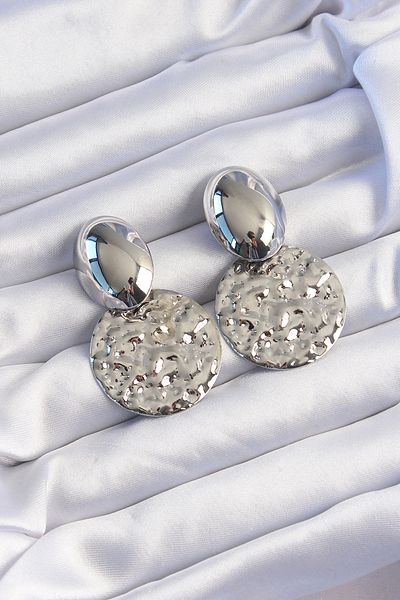 ALFA AKSESUAR 03 Brass Silver Color Oval Crushed Plate Earrings - Tj-Bkp9234