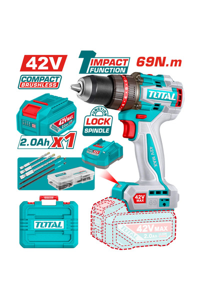 TOTAL دريل بطارية رجاج 42v 69n.m شنطة بلاستيك مع بطارية و شاحن توتال Tidli426981