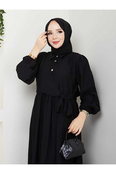 TOKARİS TEKSTİL Women's Front Closure Buttoned Shirt Collar Savior Hijab Strawberry Dress