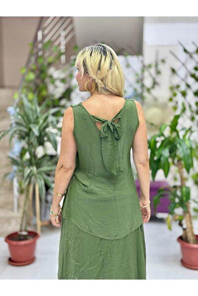 Punta Otantik LS79772 Ιταλική μεταξωτή μπλούζα χακί χωρίς μανίκια με δέσιμο στην πλάτη