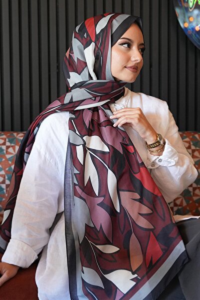 AFVENTE Μοτίβο φύλλων Μπορντό μαλακό βαμβακερό σάλι