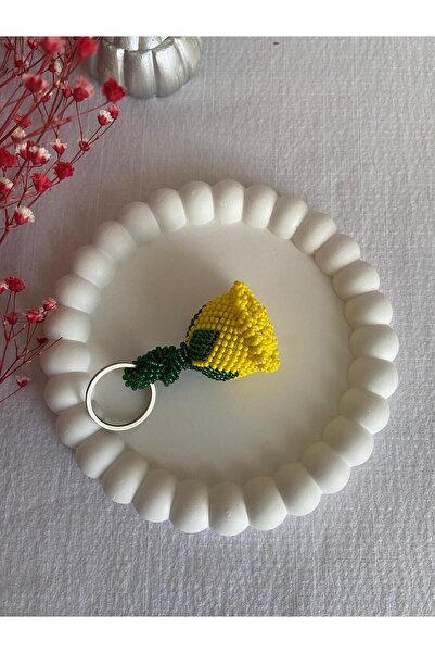 Handmade KUM BONCUK EL İŞİ KÜÇÜK BOY MAT SARI BAKLALI GÜL ANAHTARLIK VE AKSESUAR