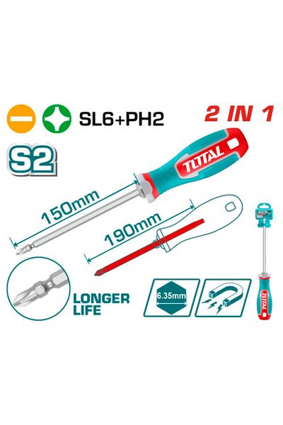 TOTAL Total THT250266 Sl6 Ph2x190mm Double Ended Screwdriver