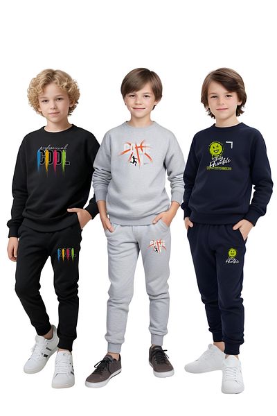 FYK COLLECTİON 3-Piece Boy's Training Suit with Round Neck Printed