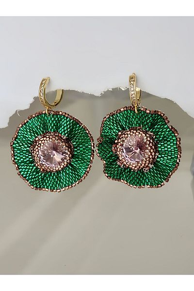 Eva Takı Store Flower Model Miyuki Green Colored Handmade Bohemian Earrings 5cm