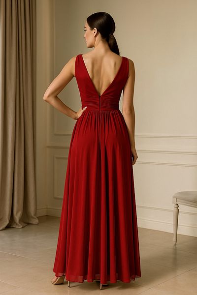 Ceylen Double Breasted Neckline Draped Waist Fitted Tulle Evening Dress