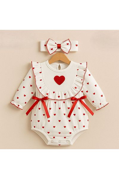 Bulut Baby Baby Girl Heart Pattern 2 Piece Jumpsuit Set with Processing