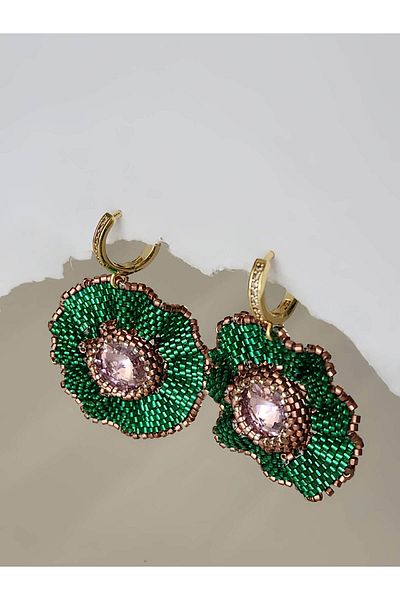 Eva Takı Store Flower Model Miyuki Green Colored Handmade Bohemian Earrings 5cm