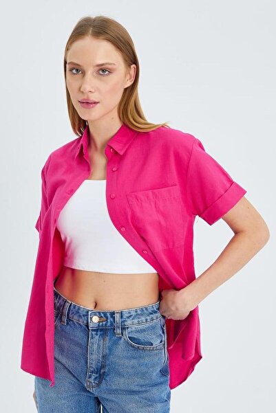 Mixray 3950 Women's Oxford Short Sleeve Basic Shirt Fuchsia