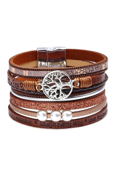 JustZEN Set 6 Bracelets with Multiple Layers, JustZEN™, Tree of Life, Brown, 19 cm