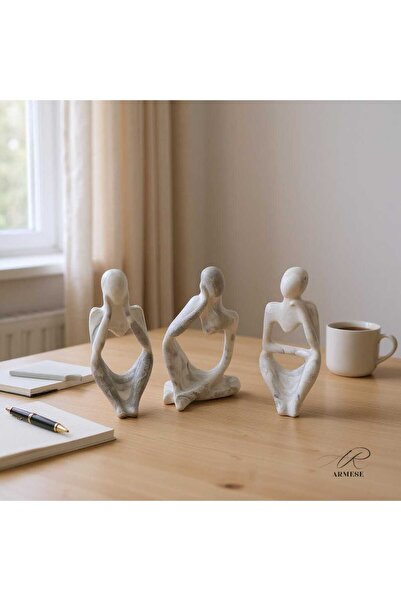 Marble-Looking Thinking Human Figure 3-Piece Set - Decorative - Modern Porcelain Powder Object - 12.5 cm