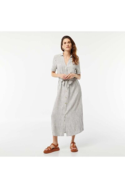KIABI Short-sleeved linen blend long dress GREY