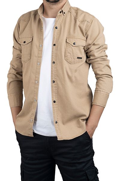 bombe Slim Fit Men's Denim Shirt Beige