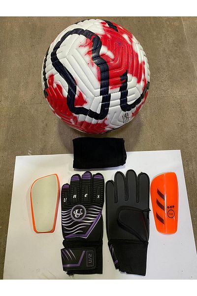 unes 5 No Red Patterned Football Goalkeeper and Shin Pads Set of 3 with Pump Gift