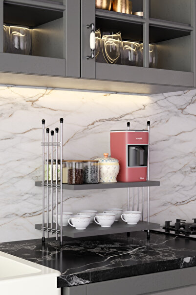 Modalanka 2 Katlı Gümüş Metal Tel Mutfak Rafı Kahvelik Baharatlık Bardaklık Tezgah Üstü Düzenleyici Organizer