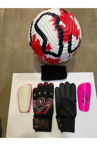 unes 5 No Red Patterned Football Goalkeeper and Shin Pads Set of 3 with Pump Gift