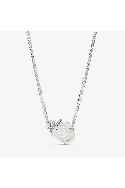 Pandora Necklace with a white blooming rose pendant made of 925 Silver - 45cm
