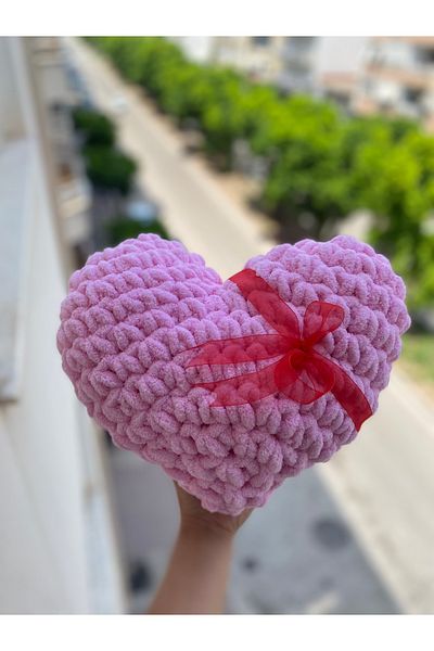 ÖRGÜCÜ DESİGN Puffy Heart Pillow Pink - Knitted Heart Pillow