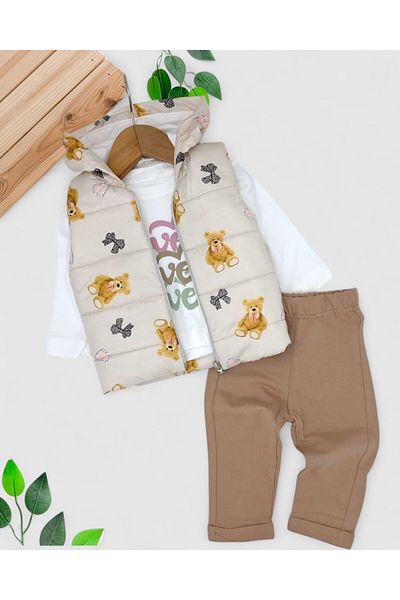 Ege Bebek Baby Girl 3 Piece Inflatable Vest Suit - Teddy Bear Printed Long Sleeve Bottom Top Set 6-24 Months