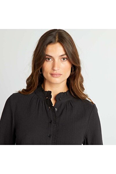 KIABI Double cotton gauze ruffled blouse black