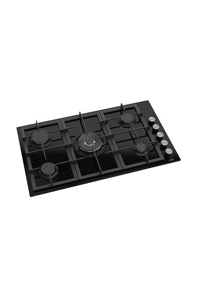 GL GENERAL Black Built In Glass 5 Burner Cooker, 90x52cm, Total Safety, Auto Fire, Cast iron support,