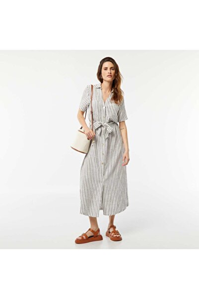 KIABI Short-sleeved linen blend long dress GREY