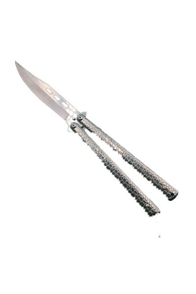 dalimag Butterfly Knife with Blade, Crocodile Leather Pattern, Silver, 25 cm,