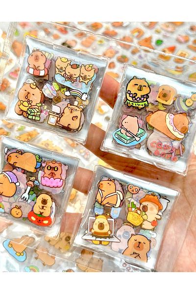 ZeCo Collection 4 Compartments 100 Sheets Capybara Pattern Transparent Pet Sticker Box Waterproof Cute Friends with Music