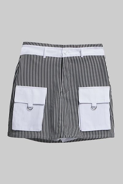its basic Women's Black and White Striped Color Bag Pocket Detailed Mini Size Special Design Skirt