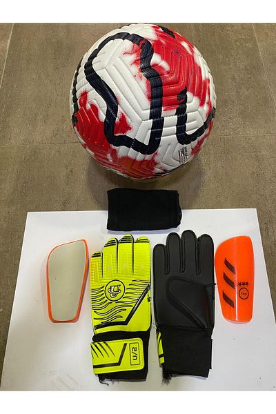 unes 5 No Red Patterned Football Goalkeeper and Shin Pads Set of 3 with Pump Gift
