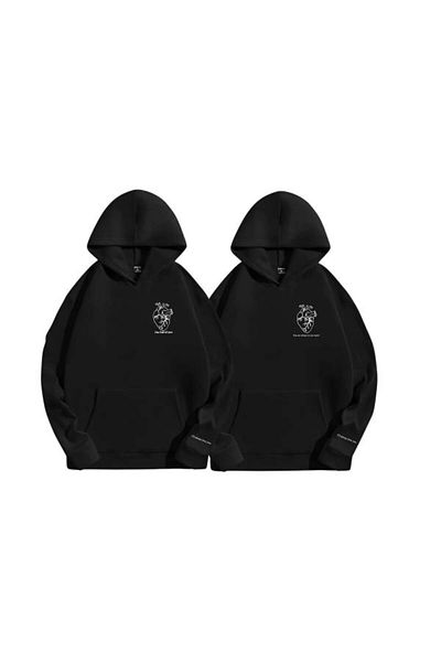 Elvino Pack of 2 Black Unisex Couple Lover Combination Heart Sleeve Printed Hooded Sweatshirt