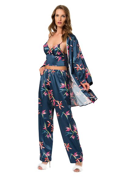 Stylish Stunning 3-piece satin nightgown in navy with delicate prints