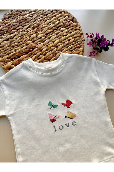 Mama Miel Baby Tricou oversize brodat cu fluturi 100% bumbac - Tricou oversize brodat cu fluturi pentru bebelusi si copii