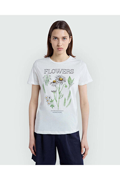 Ovs تي شيرت مطبوع نظيف باللون الأبيض العاجي - للنساء