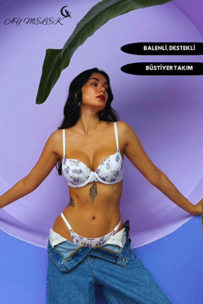 AYMELEK Supportive Glitter Bra Suit B-Cap Underwire Floral Design