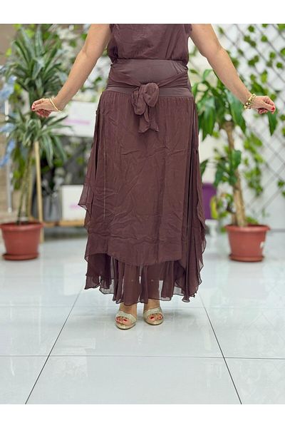 Punta Otantik Ls79796 Italian Silk Skirt with Tie Front Coffee