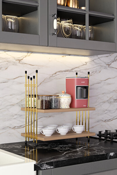 Modalanka 2 Katlı Gold Metal Tel Mutfak Rafı Kahvelik Baharatlık Bardaklık Tezgah Üstü Düzenleyici Organizer