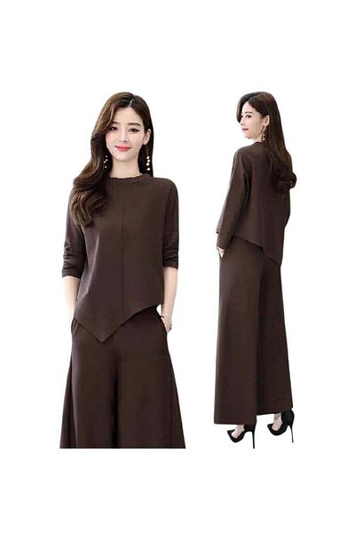 huitich Women's Two-Piece Casual Suit Skirt & Pants Combo, Slim Fit, Brown Size XL